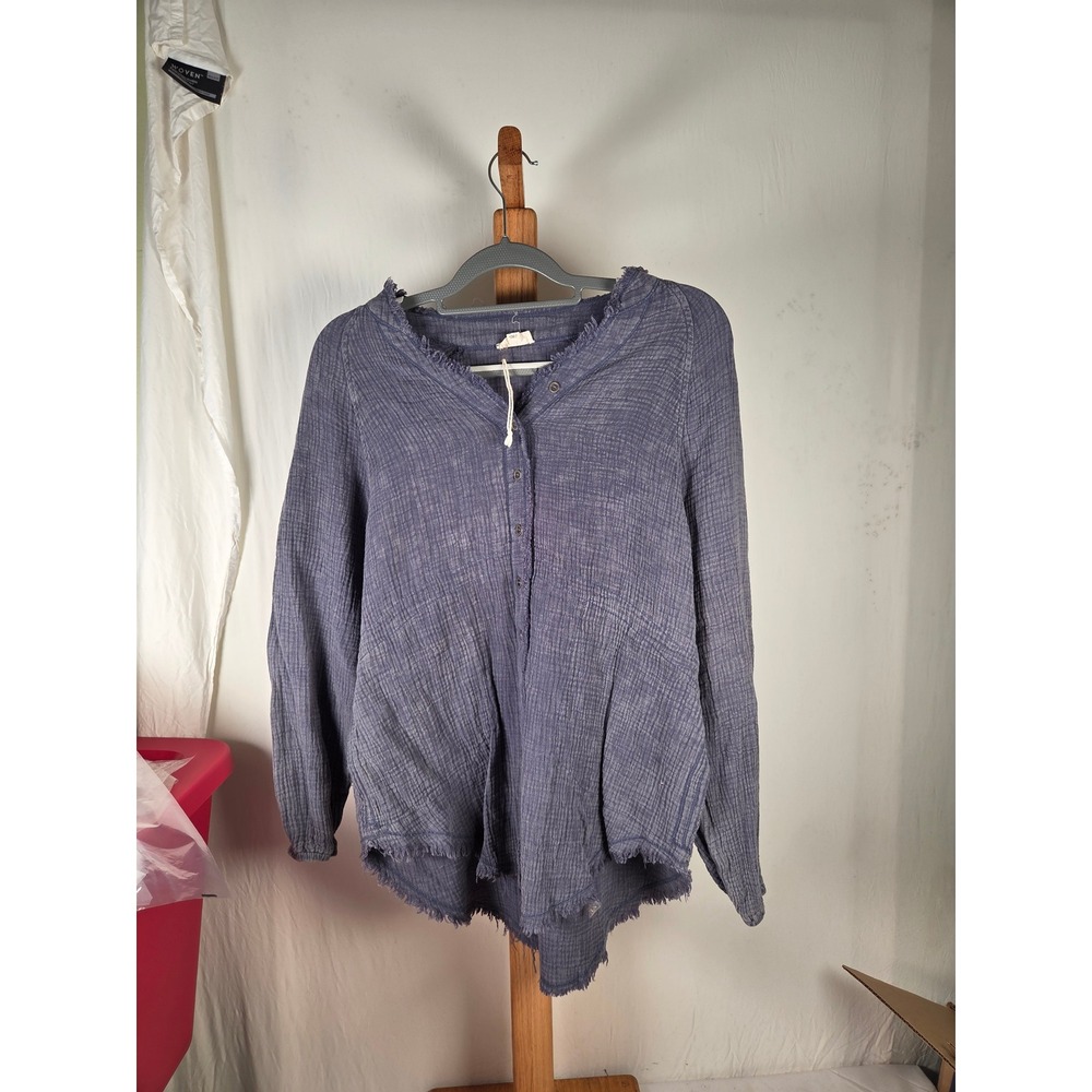 ETT Blue Cotton Gauze Raw Edge Henley Top Long Sleeve Boho Blouse S/M HS1221